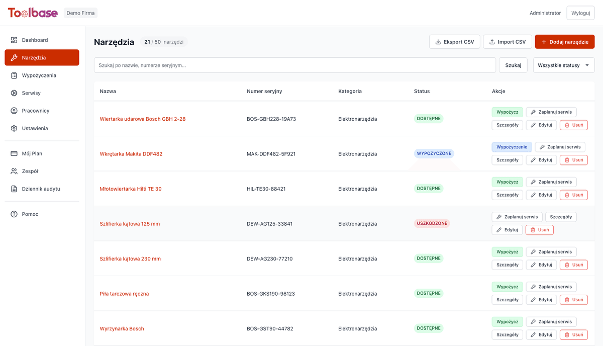 Toolero - Panel kontroli narzędzi z kodami QR