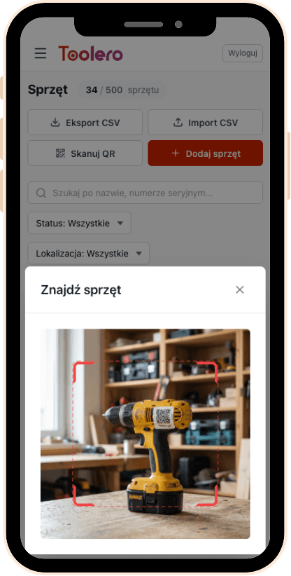 Skanowanie kodu QR narzędzia w aplikacji Toolero